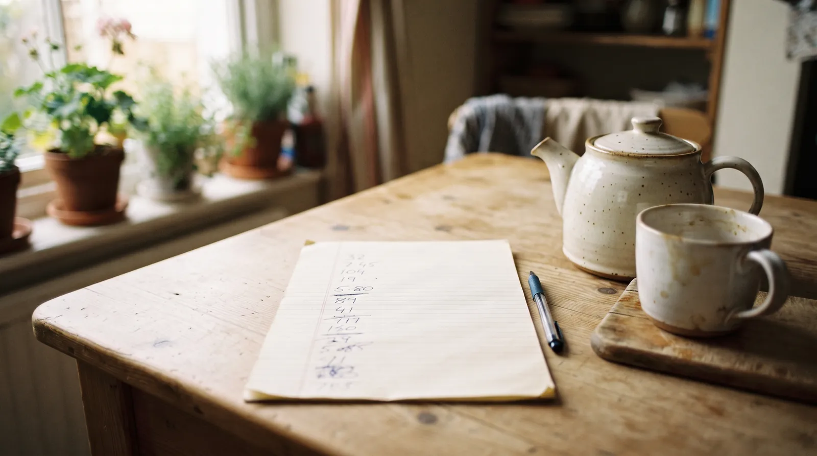 A handwritten list of figures on lined paper beside a teapot.