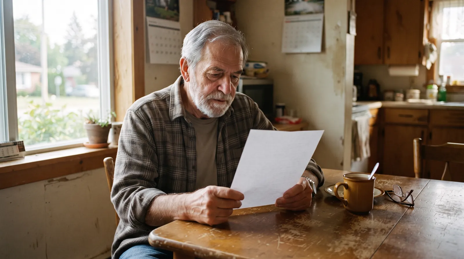An older man at a kitchen table reading a letter beside a cup of tea.