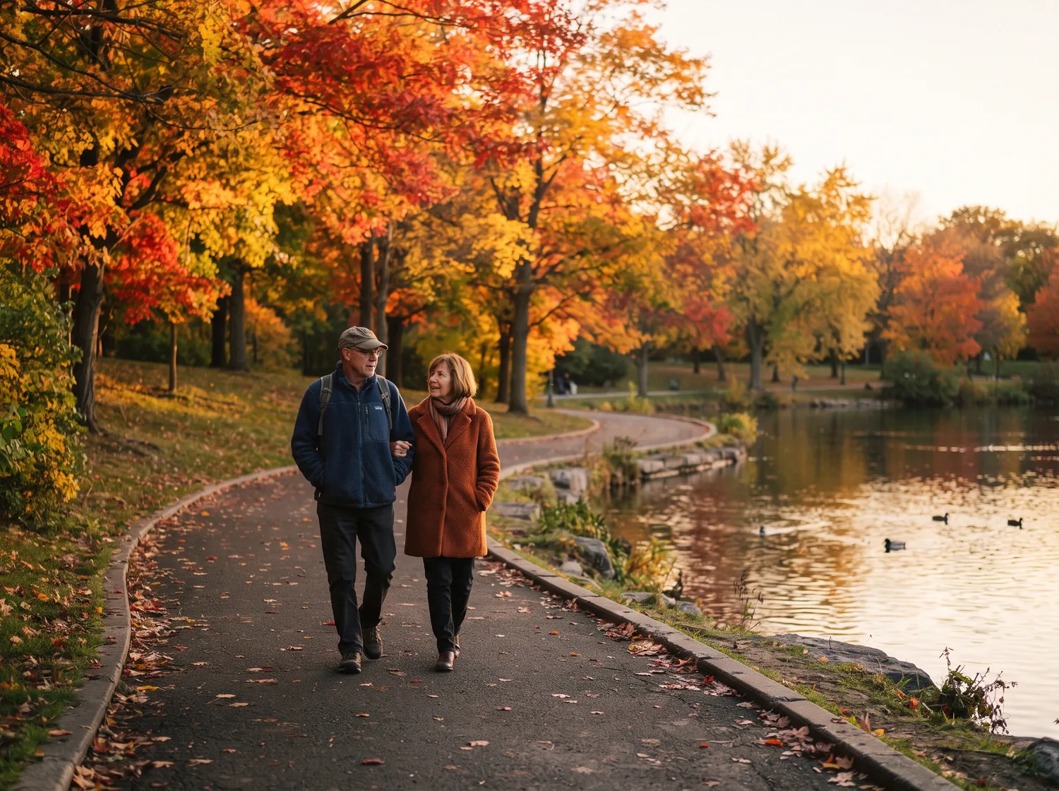 A couple in their sixties walking a lakeside path in late afternoon light.