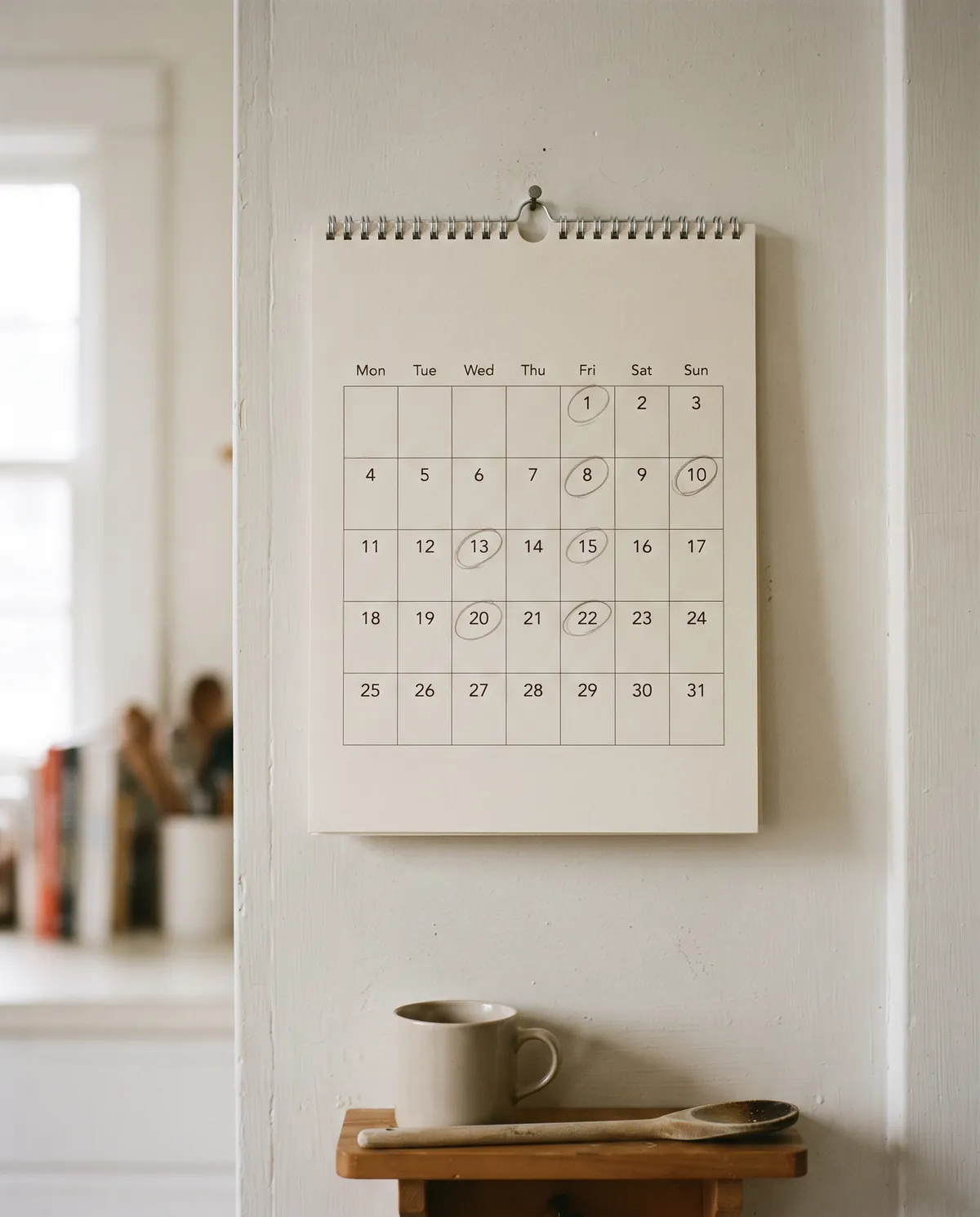 A wall calendar in a kitchen with a few dates marked in pencil.