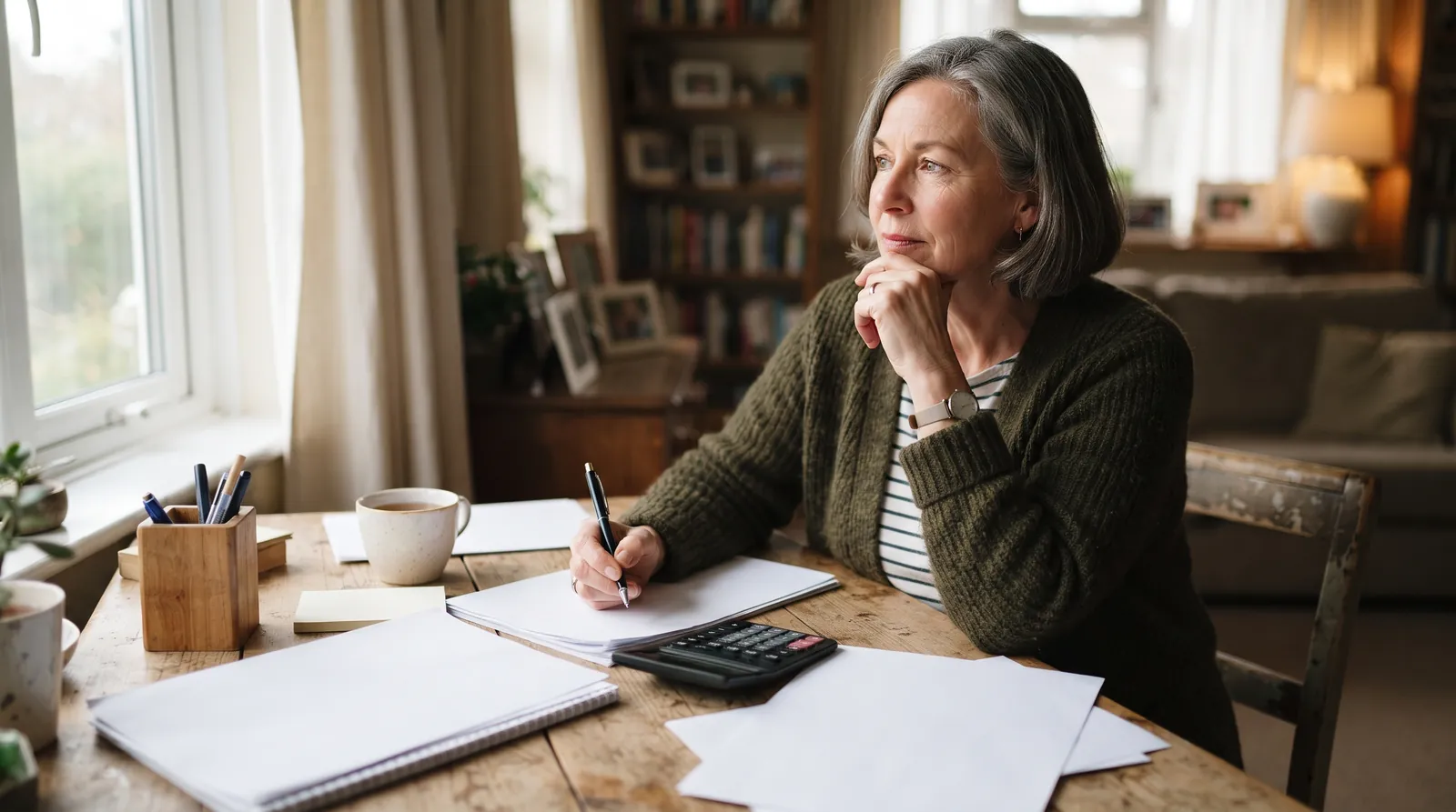 A woman in her early sixties sitting at a desk with paperwork and a pocket calculator.