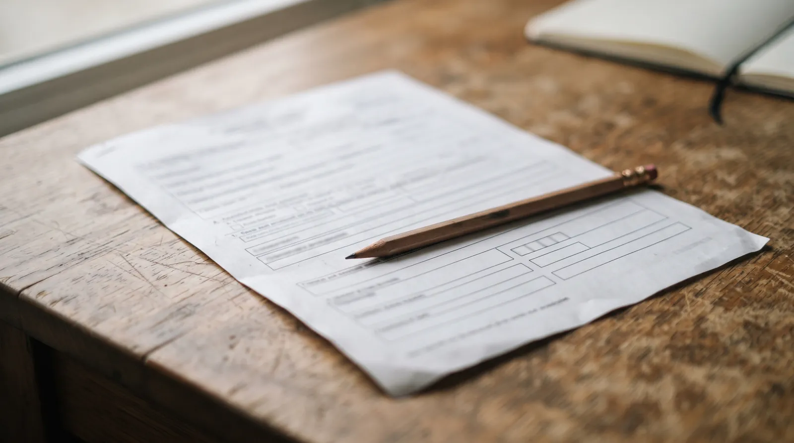 A plain printed form on a desk with a pencil resting on it.
