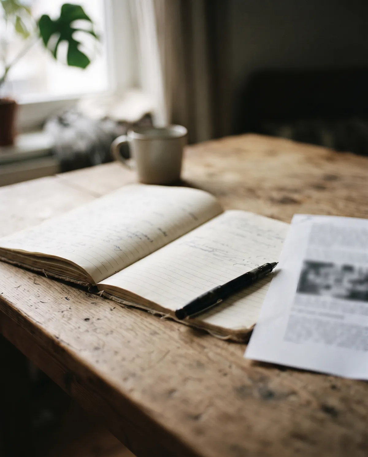 A plain notebook, a pen and an out-of-focus printed page on a table.