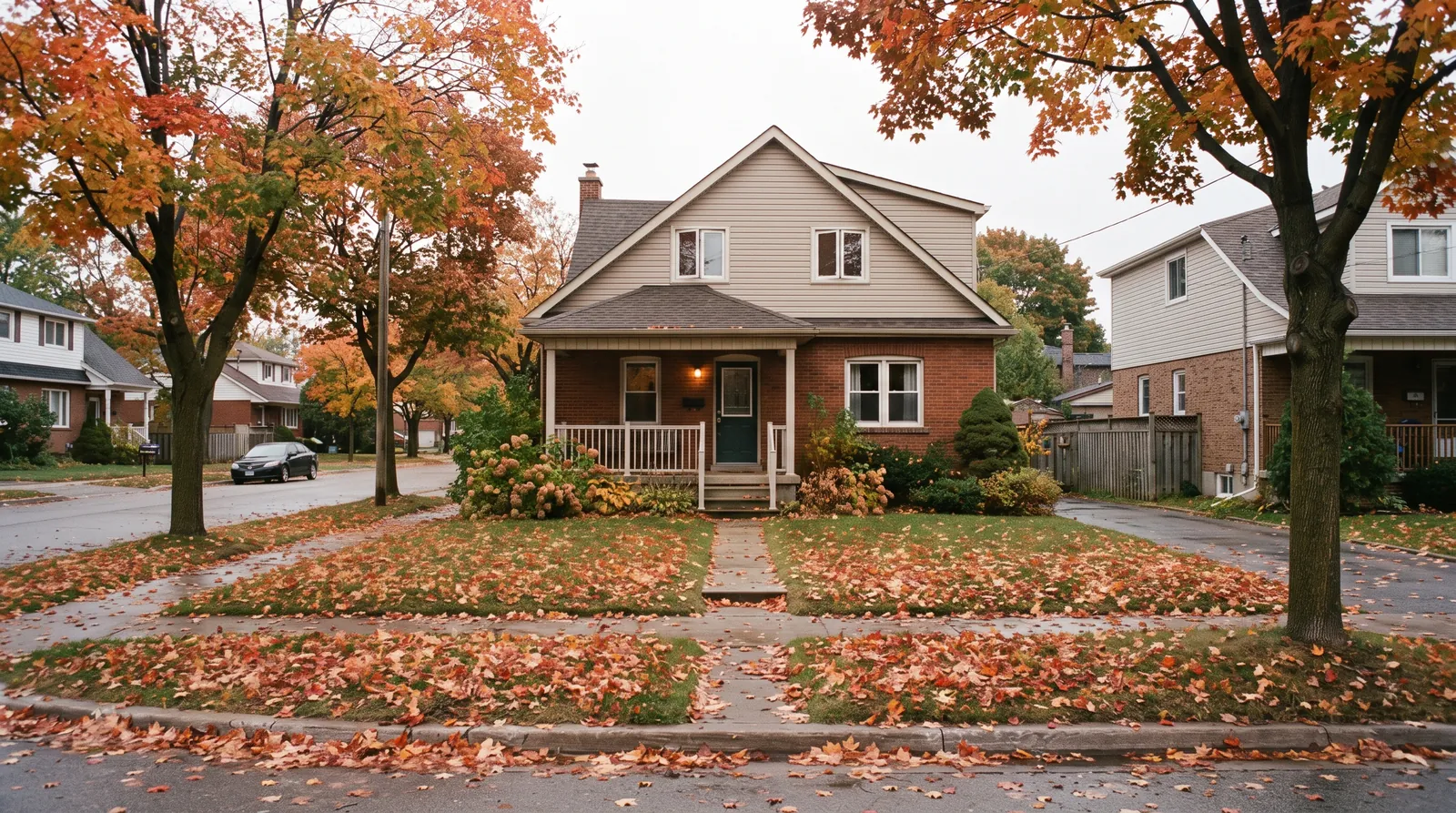 A modest two-storey Canadian house on a residential street in autumn.