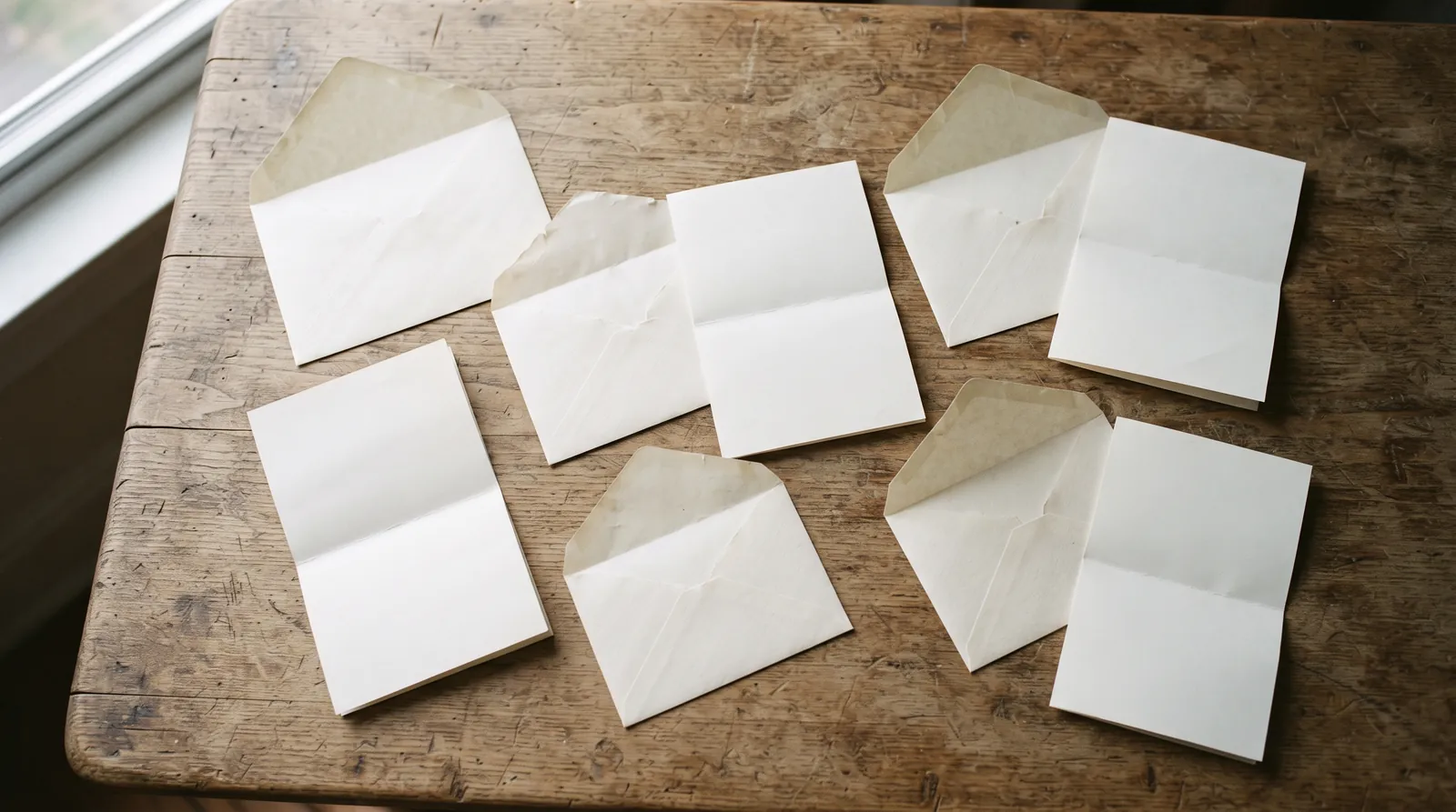 Several opened plain envelopes and folded letters on a wooden table.