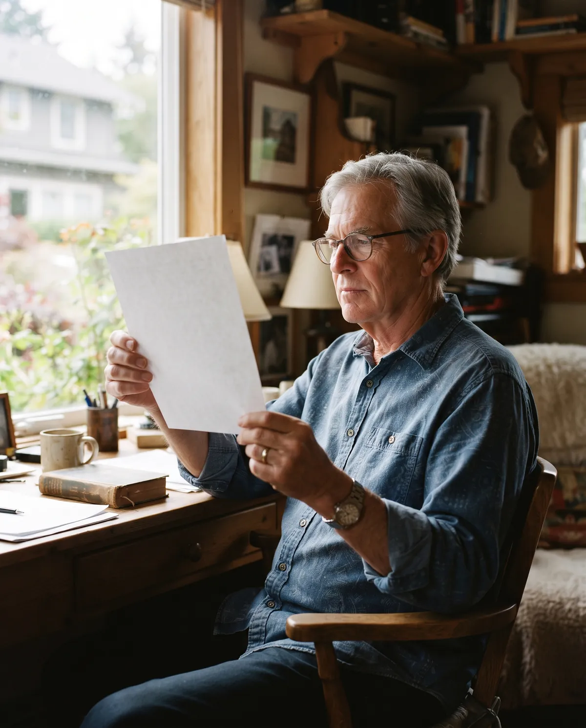 A man in his late sixties reading a printed statement at a desk by a window.