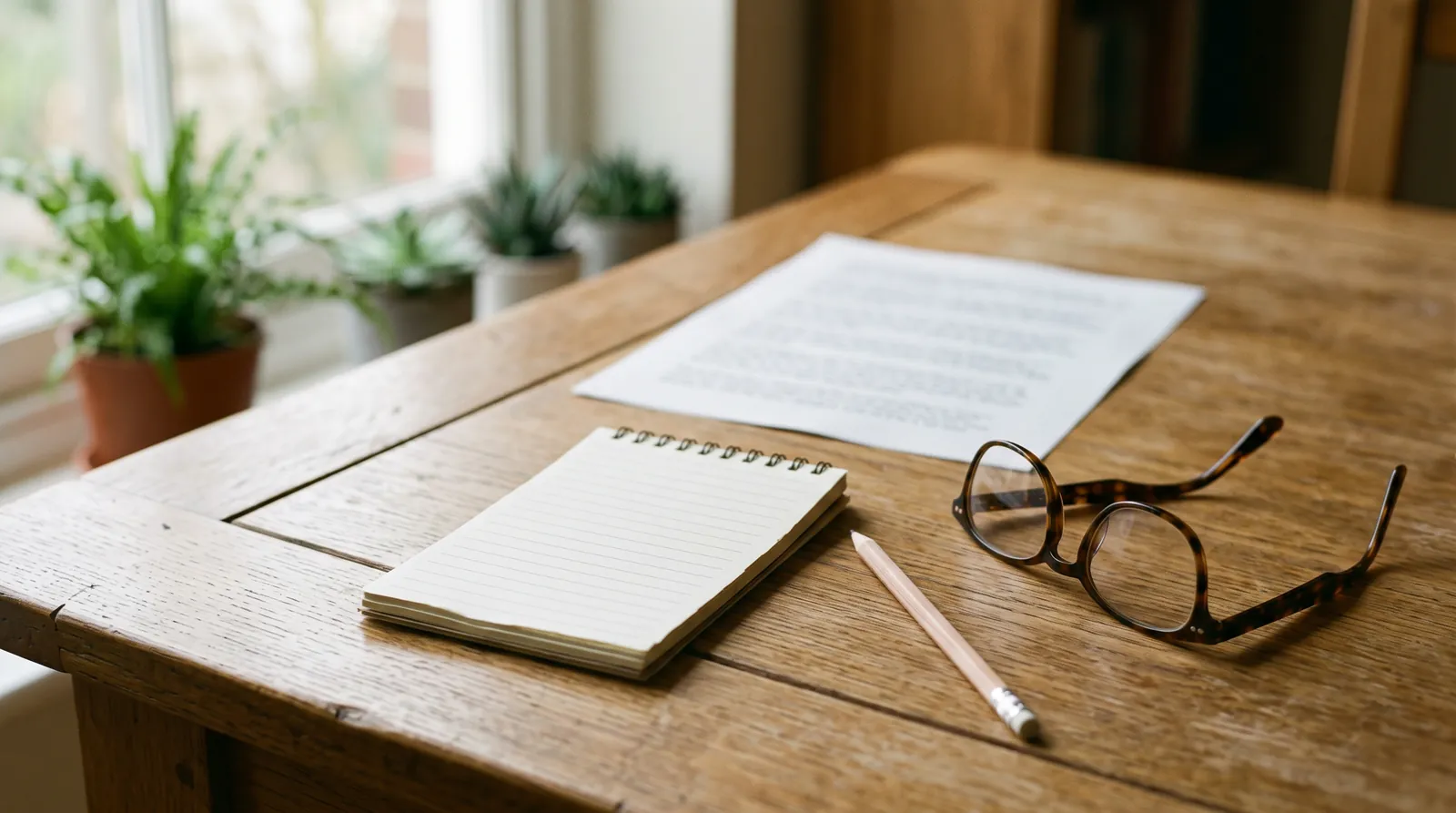 A desk with a lined notepad, a pencil and a pair of reading glasses.