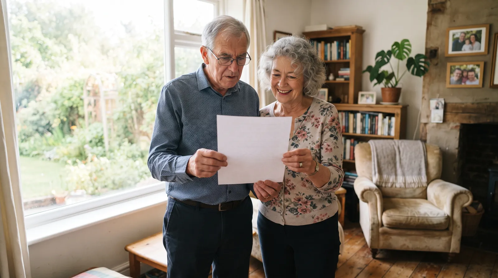 An older couple reviewing a financial statement in a bright living room.