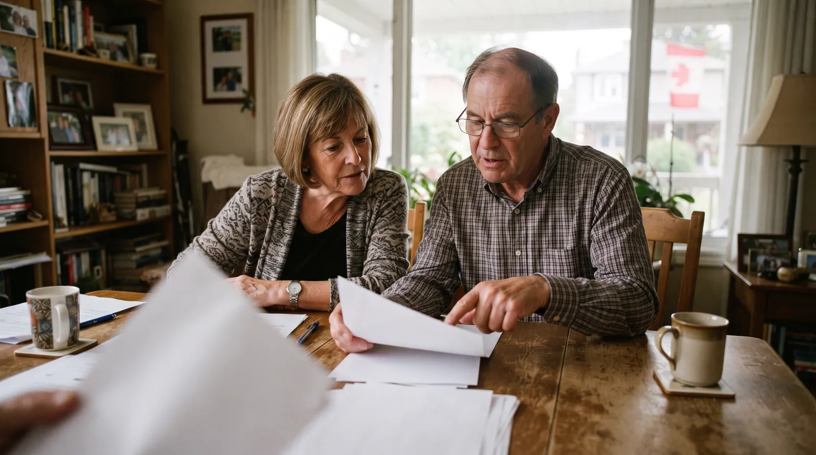 A couple in their late sixties going through paperwork together at a dining table.