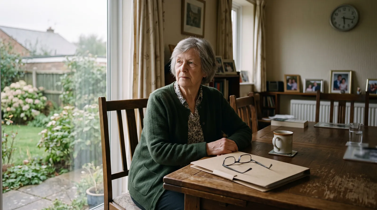 An older woman at a dining table with a closed document folder and reading glasses.