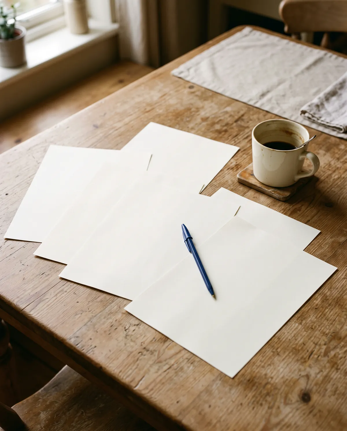 A kitchen table with tax paperwork, a pen and a half-finished cup of coffee.